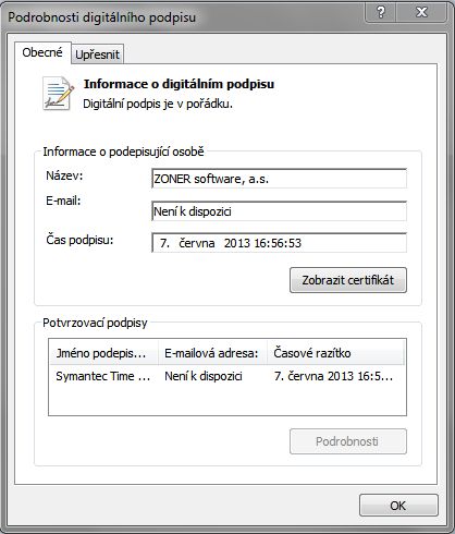 detail digitálního podpisu aplikace