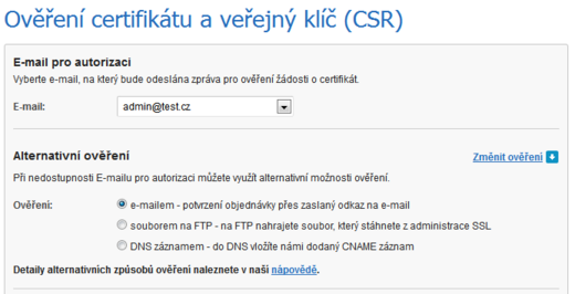 Alternativní ověření DV SSL certifikátu