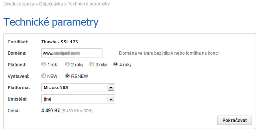 Technické parametry - objednávka SSL certifikátu