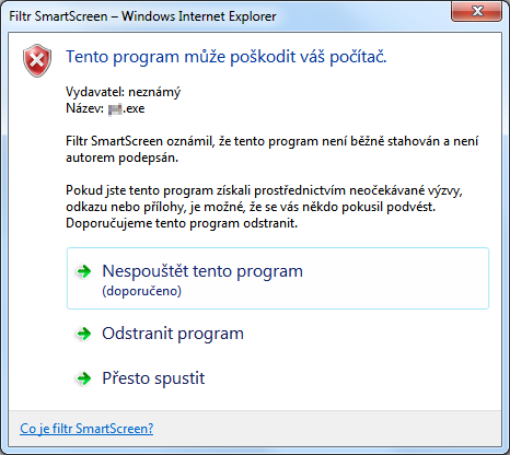 SmartScreen filter nedůvěřuje nepodepsané aplikaci