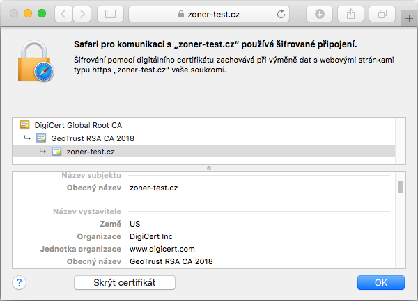 Zobrazenie certifikátu GeoTrust QuickSSL Premium v adresnom riadku prehliadača